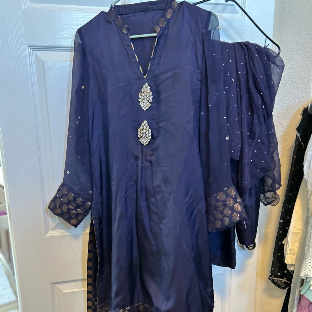 Silk purple three piece shalwar kameez medium pakistani indian